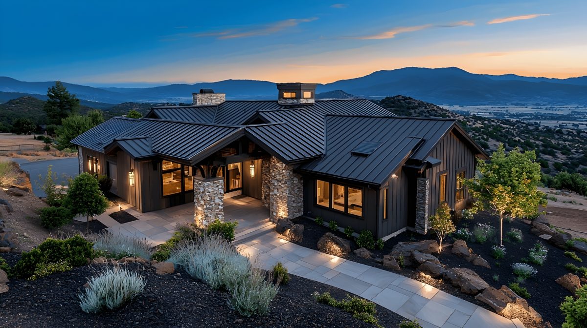 Modern mountain home with steel roof.