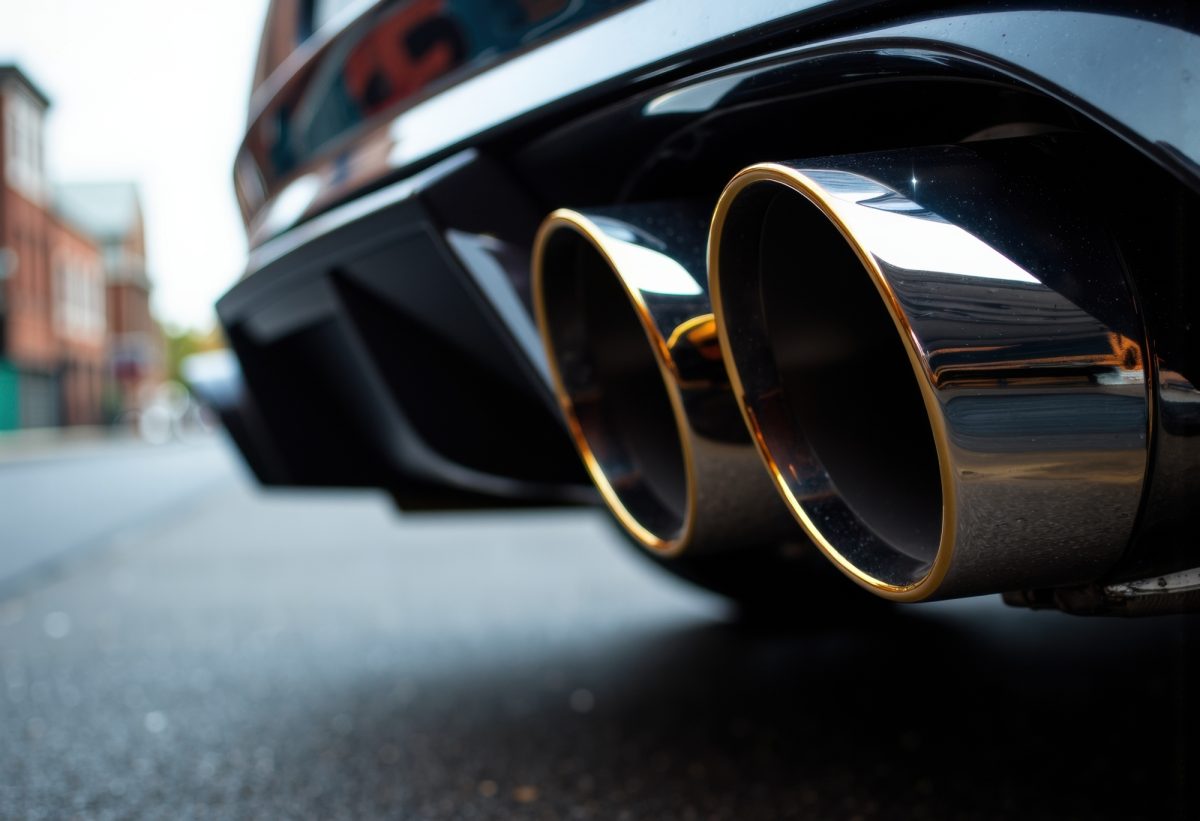 Close-up of a car's dual exhaust pipes on a sleek black vehicle parked outdoors