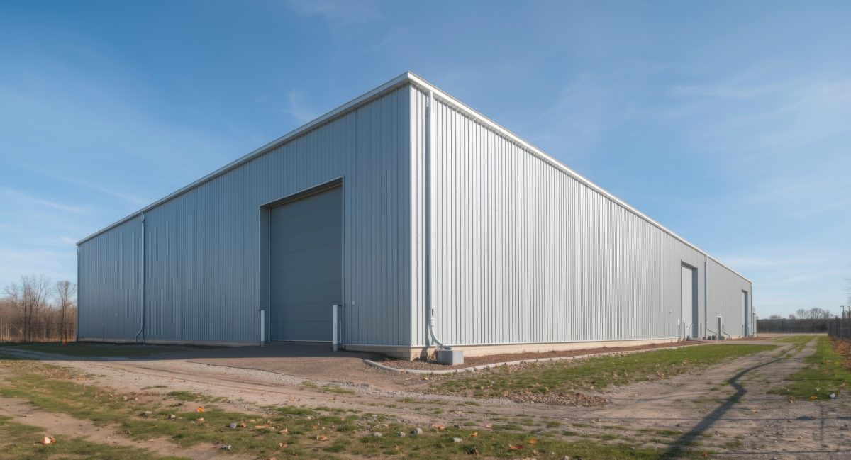Corrosive resistant steel siding on an industrial data center building.