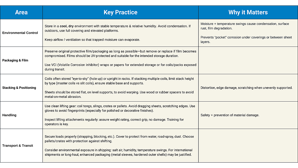 chart laying out the key practices to follow when storing and handling stainless steel coils and sheets