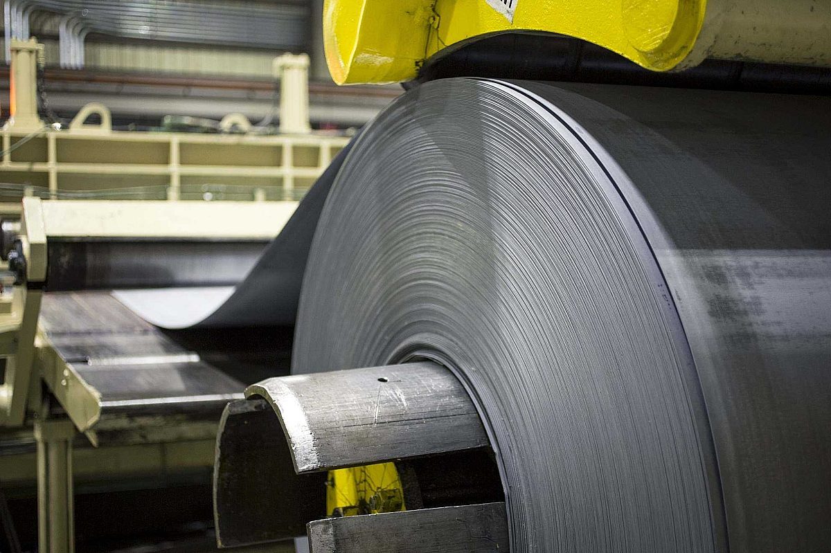 Steel coil on a slitting machine.
