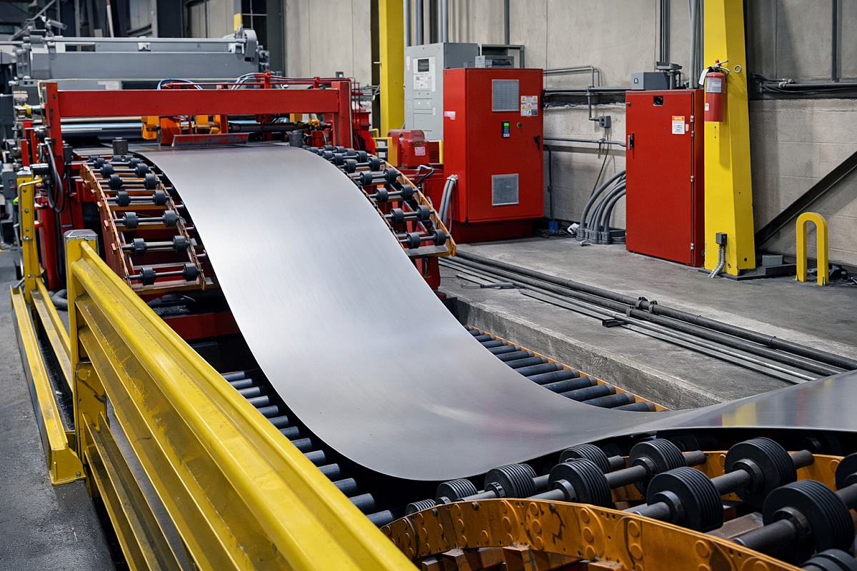 steel going through the cut to length line